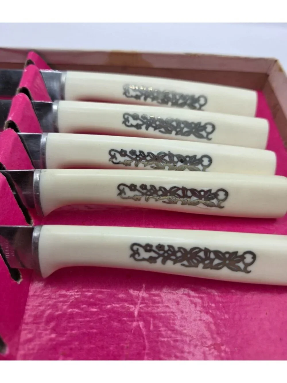 Vtg Regent Sheffield Vintage Steak Knife Set of 5 Ornate Handles In Original Box